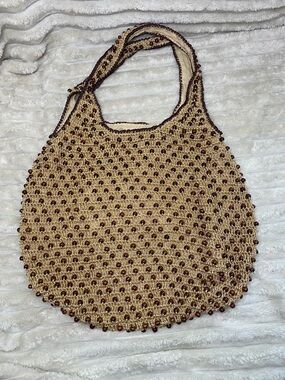 American Eagle Outfitters Beige Crochet Shoulder Bag with Brown Beads